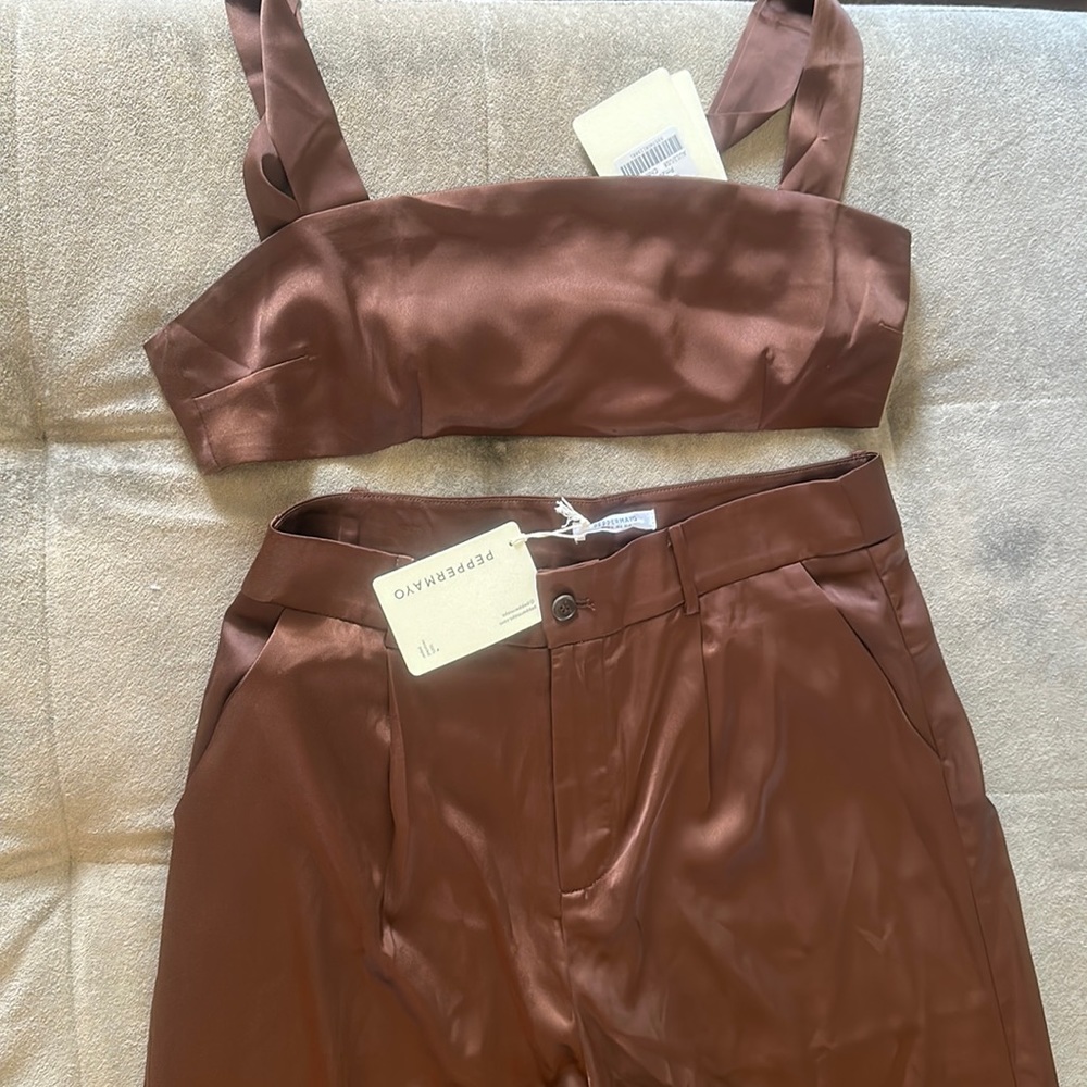 Pepper Mayo Milano satin pant and crop shirt set